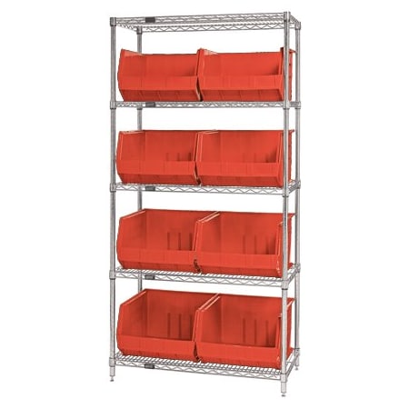 Bsc Preferred 36 x 18 x 74'' - 5 Shelf Wire Shelving Unit with 8 Red Bins WSBQ270R